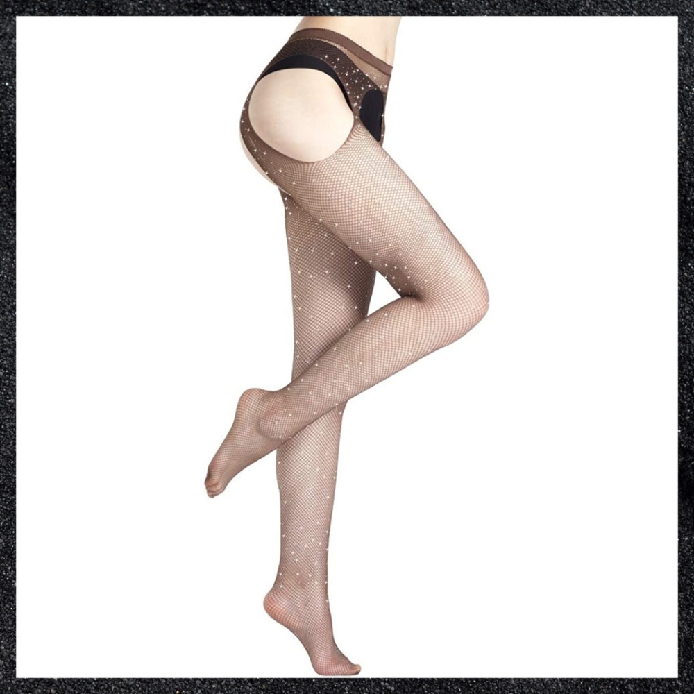 Brown Rhinestone Fishnet Crotchless Garter Belt Thigh High Pantyhose
